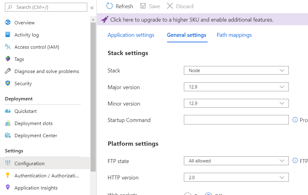 Azure Portal webapp node version